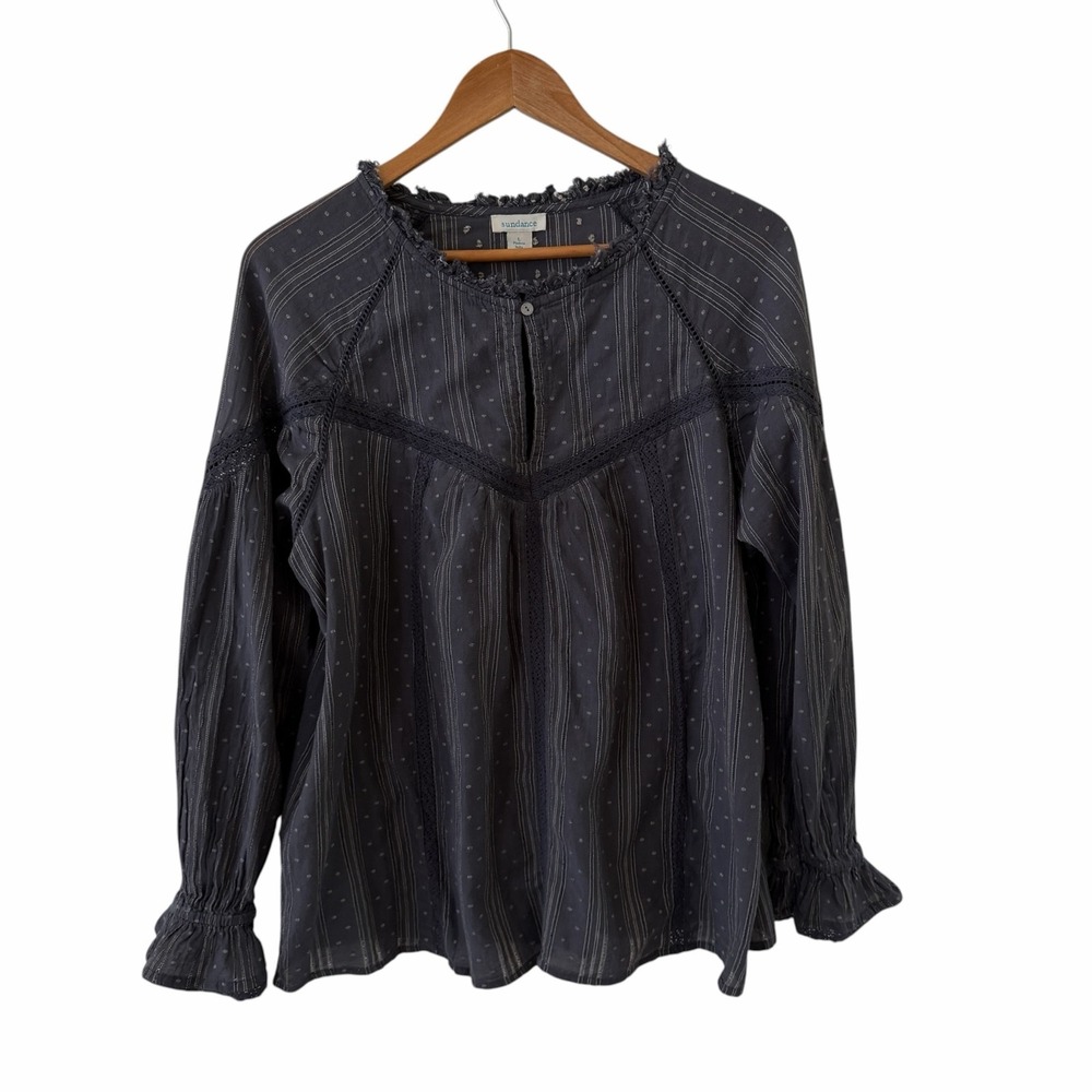 Sundance Crochet Peasant Tunic Top Womens L Gray Boho Bell Sleeve Ruffle Neck